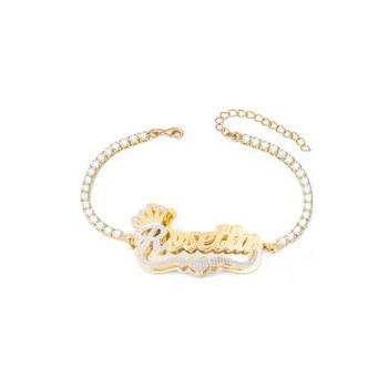 China Fashionable Custom Name Bracelet Heart Name Plate Tennis Gold Plated Double Chain Cut Out Flowers Name Bracelet for sale