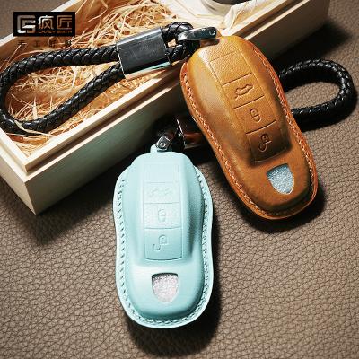 China 2021 Luxury and 100% Eco-friendly NEW High Grade Handmade Vegether Crafts Tanned Genuine Leather Car Key Cover Case Smart Holder For Porsche for sale