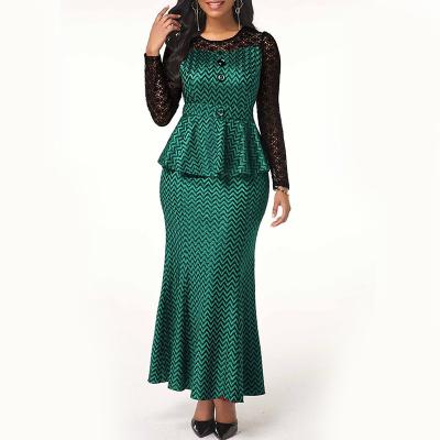 China Breathable Round Neck Lace Print Long Sleeve Women's Dresses With Bodycon Buttocks Two Piece Sets African Print Skirts And Dresses for sale