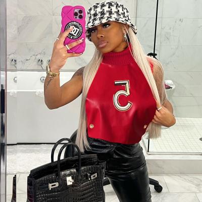 China sexy & Club Fashion Solid Embroidered Crop Top Sexy Turtle Neck Nightclub Women Red Leather Cropped Sleeveless Top for sale