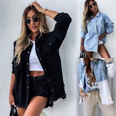 China 2021 Breathable Wholesale Fall Ladies Black Blue Washed Ripped Long Denim Denim Jackets Coat Vintage Fall Winter Jacket Woman for sale