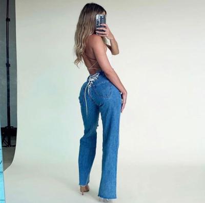 China 2021 Wholesale Autumn Hole Women's Jeans Breathable Solid Hollow Out Winter Women Pants for sale