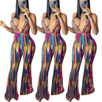 China QUICK DRY Slim Stripe Printed Bandage One Piece Deep V Backless Bib Overalls for sale