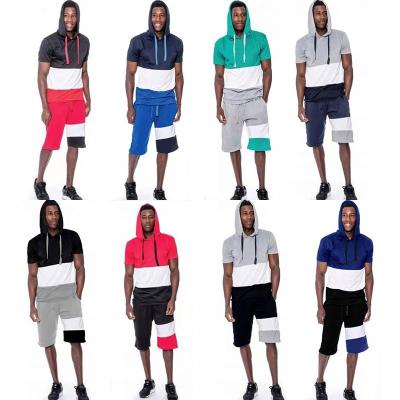 China New Design QUICK DRY Custom Logo Men Short Sleeve Hooded Shirt and Shorts Set Mens Casual Patchwork 2 Piece Short Set for sale