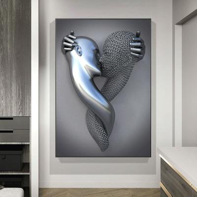 China Modern Nordic Stainless Steel Couples Metal Figure Statue Wall Art Canvas Decoration for sale