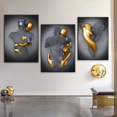 China Romantic Modern Metal Figure Home Abstract Gold Cuadros Decor Lover Metal Sculpture Poster Print Picture Metal Wall Art Decor for sale