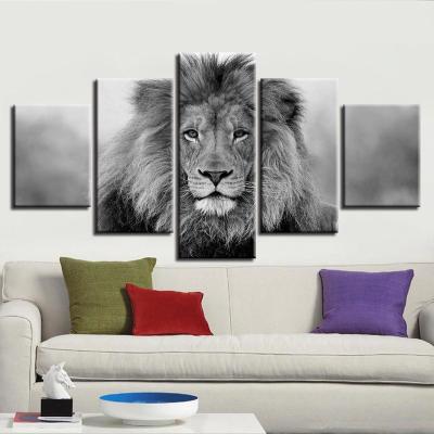 China Lion Living Room Animal Waterproof HD Prints Black and White Custom Metal Painting Poster 5 Panel Canvas Wall Art Printed Frame Painting for sale