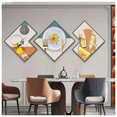 China 3 Panel Fashion Dining Room Porcelain Crystal Painting Wall Art Living Room Home Decor Waterproof Luxury Modern Wall Clock Decoration for sale