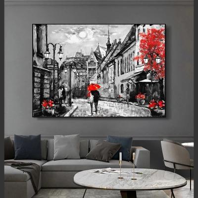 China Waterproof Abstract Wall Art Posters Prints Street Landscape Canvas Oil Painting Lovers Under The Red Umbrella Pictures Home Decor for sale