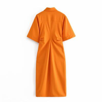 China Anti-Static Women Fashion Chic Button-up Draped Midi Shirt Dress Vintage Short Sleeve Side Zipper Female Dresses Vestidos for sale