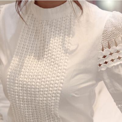 China New Women Anti-Shrink Blouses Slim Base Long Sleeve Shirt Lace Crochet Flower White Hollow Out Plus Size S-5XL for sale