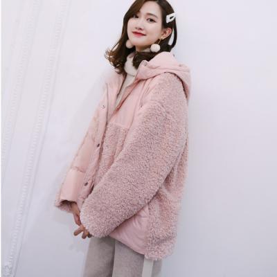 China New workable winter coat lamb hooded loose hair stitching Korean version of the white duck down jacket women's down shorts for sale