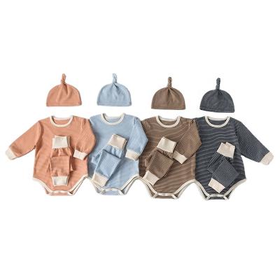 China Cozy Spring Autumn Newborn Baby Girl Boy Baby Clothes Clothing Set Long Sleeve Coveralls Pants 3pcs Hat Set Baby Outfits for sale