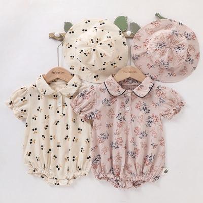 China Cozy Baby Clothes Princess Infant Baby Girls Summer Romper Outfits Floral Print Short Playsuit + Sleeve Hat 2PCS Set Jumpsuit for sale