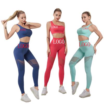 China Custom Logo Drop Shipping High Waist Breathable Hollow Women Seamless Yoga One Shoulder Sports GYM Bra Legging Pants Single Strap Set for sale