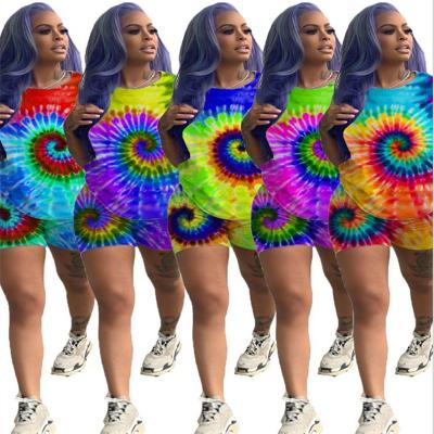 China Wholesale Fashion Anti Shrink Printing Floral T Shirt Dresses Plus Sizes Casual Loose Short Sleeve Cotton Tie Dye Dress Summer Tie Dye Set for sale