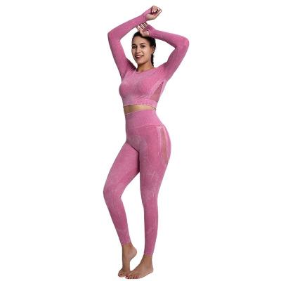 China NEW Style Seamless Color Breathable Women Workout Sand Wash Fitness Gym Set Leggings Butt High Waist Tummy Control Yoga Set for sale