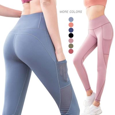 China Breathable yoga pants leggings with high waist stretch pocket sports tight running women four way back wholesale good quality mesh workout for sale