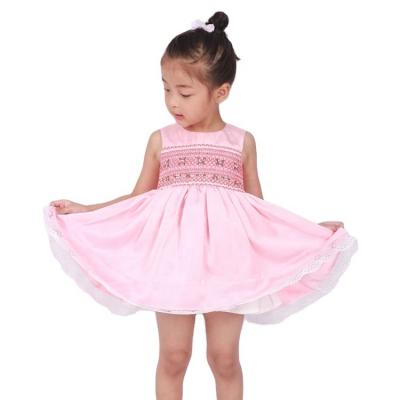 China Sustainable Boutique Kids Sleeveless Smocked Dresses Lace High End Satin Kids Smocked Dress for sale