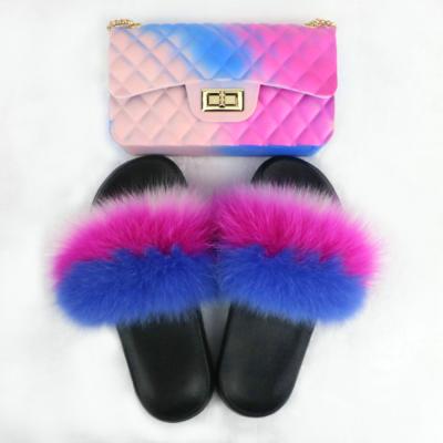 China 2021 Anti-odor Fashion Women's Colorful Rainbow Jelly Bags Matched Fur Slippers Handbags for sale