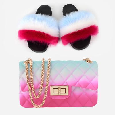 China Multicolor Attractive Fashion Trend New Fashion Sling Handbags Women Jelly Bag And Fully Fur Slides Set for sale