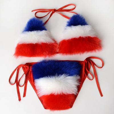 China 2022 Custom Real Fox Fur Women's Fluffy Fur Bikini Set Fashion Breathable Light Pink Sexy Two Piece Beach Wear for sale