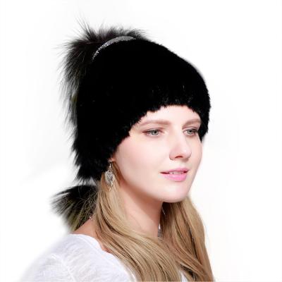 China JOINT Best Quality Women Winter Fashion Design Warm Black Knitted Mink Fur Hats for sale