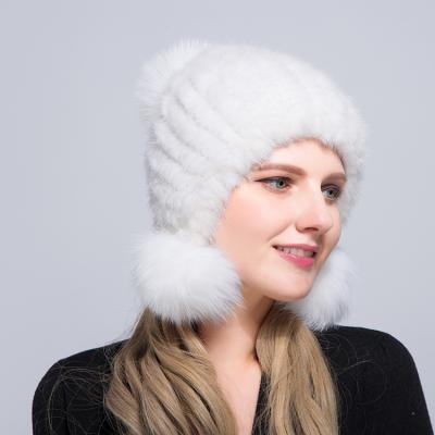 China Factory Price COMMON Winter Hat Fox Fur Warm Mink Hats With Real Fur Pom Poms For Women for sale