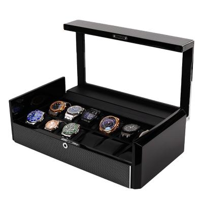 China Watch Packaging Box High-end Wooden Storage Box Luxury Carbon Fiber Paint 12 Slots Glass Top Watch Organizer Box for sale