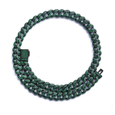 China Hiphop Hypoallergenic Mens Black 18Inch Cuban Link Chain Bracelet Necklace Chunky Gun Plated Green CZ Cuban Chain For Men for sale