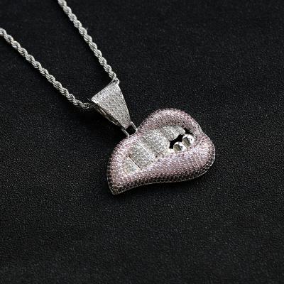 China CZ Diamond Lip Necklace AAAAA FASHIONABLE Pink Zirconia Lips Women Hip Hop Necklace Banger Pendant Jewelry for sale