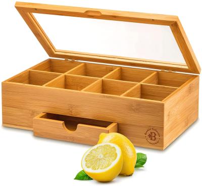 China Bamboo Tea Set Organizer Bamboo Tea Box with Small Drawer Natural Bamboo Tea Set Storage Container for sale