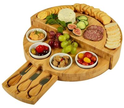 China Modern Cheese Board and Knife Set, Round Bamboo Charcuterie Boards Meat Tray Personalized Tray With 3 Knives for sale