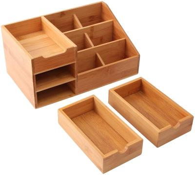 China Viable bamboo cosmetic storage box, vanity top storage rack, cosmetics jewelry storage tray with drawer bathroom for sale