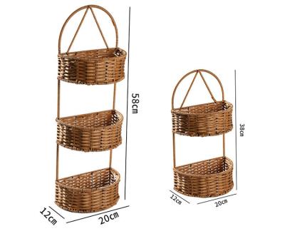 China Bohemian Woven Wicker Wall Organizer Countertops Rack Plants Storage Baskets 3-Tier Indoor Hanging Basket for sale