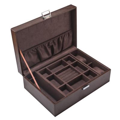 China Recycable Double Layer Leather Jewelry Box Watch Jewelry Bracelet Storage Collection Box Leather Gifts for sale