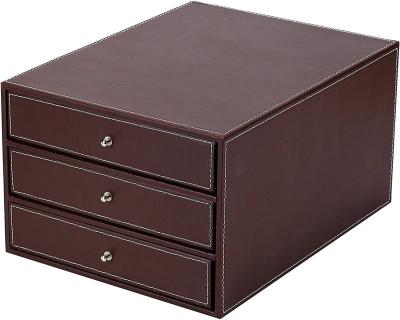 China Office Stackable Recycable 3 Drawers Organizer Executive Office Supplies Filing A4 File Holder Leather Desk Storage Box for sale