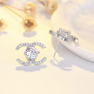 China High Quality High Quality Stainless Steel Women Earrings Gold Plated Brand Luxury Letter Silver Zircons Earrings Stud Necklace Jewelry Set for sale