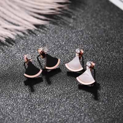 China Hot Selling High Quality Women Earrings Shape Jewelry Waterproof High Quality Stainless Steel Shell Fan Shape Zircons Earrings For Daily Wear for sale