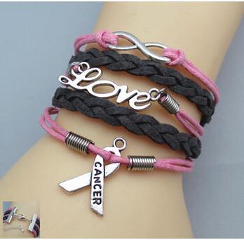 China Pulseras de la joyería del cáncer de pecho del encanto del metal, pulsera de cuero trenzada negra en venta