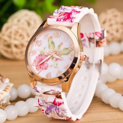 China Flower Printed Geneva Silicone Rubber Strap Watches 5ATM , Women Dress Watch for sale