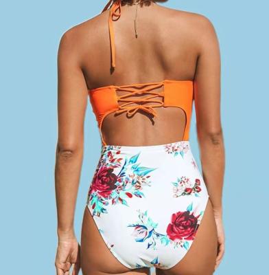 China Breathable sexy swimsuit solid color printed bikini fashion waist lace high up one piece swimsuit for sale