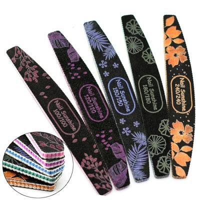 China Nail Care Black Sandpaper Nail Folder Half Moon Boat Shape Manicure Files Emery Board 180 Grit Washable Sanding Nail Folder With Printed Flower for sale