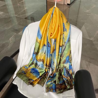 China New style silk landscape painting printing scarf spring and autumn fashion silk scarf for women thin shawl for sale