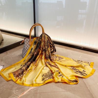 China New style silk landscape painting printing scarf spring and autumn fashion silk scarf for women thin shawl for sale