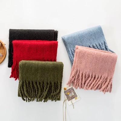 China New Knitted Scarf Solid Color Women Knitted Scarf Autumn/Winter Fashion Tassel Shawl Thickened To Keep Warm for sale