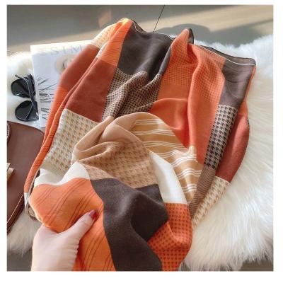 China Winter Autumn New Anti Collision Art Polyester Lattice Cotton Scarf Ultraviolet Thin Shawl Female Color Canvas Silk Scarf for sale