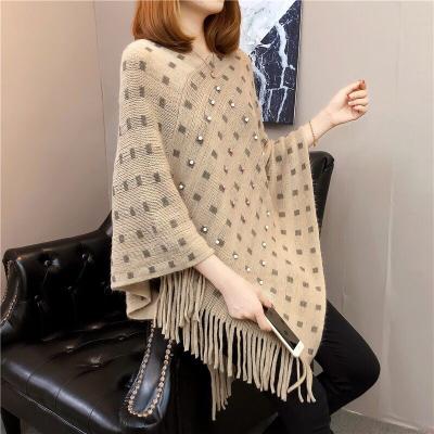 China Fringed Shawl Fashion Ladies Bead Embellished Loose Fringed Shawl Spring New And Autumn Cape Plaid Pullover for sale