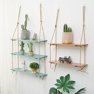 China Hemp Rope Solid Wood Living Room Stocked Unperforated Hanging Wall Shelving for sale