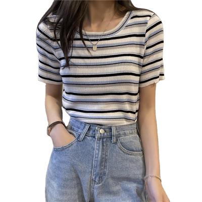 China Anti-Wrinkle Women Stripe Elastic Summer Short Sleeve T-Shirt for sale